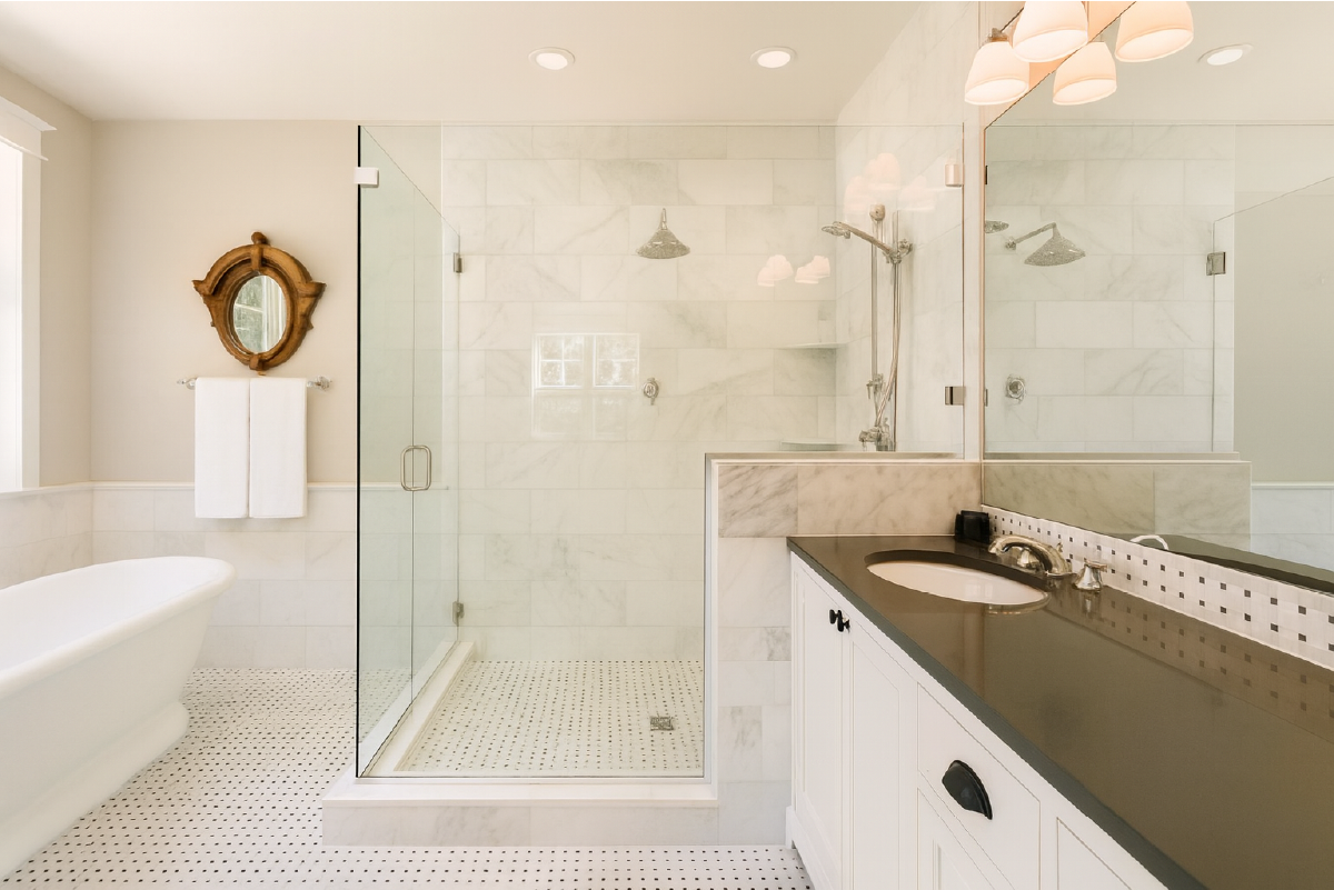 Elegant White Bathroom Renovation with Freestanding Tub & Glass Shower
